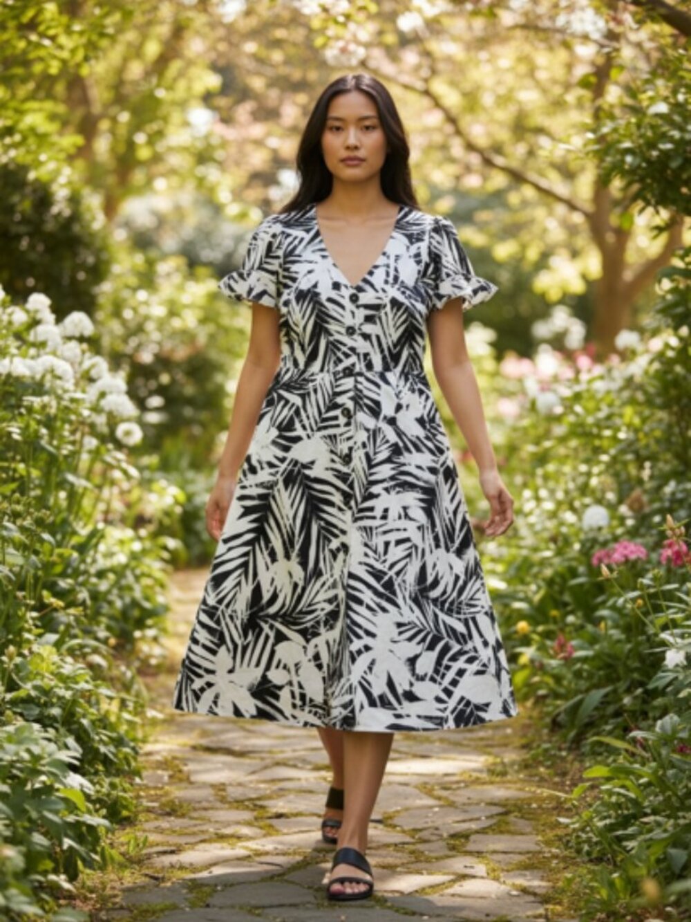 Tommy Hilfiger Black White Print V Neck Button Front Midi Dress with Pockets